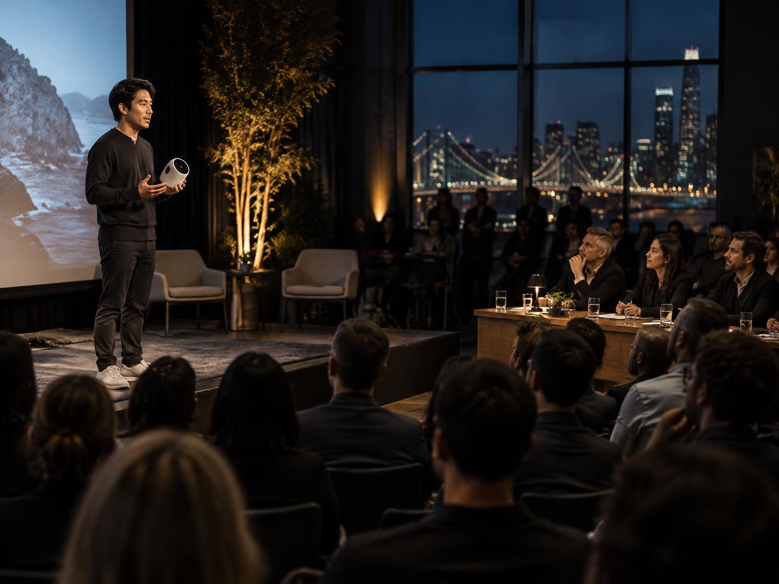 A founder presenting a device to judges and an audience